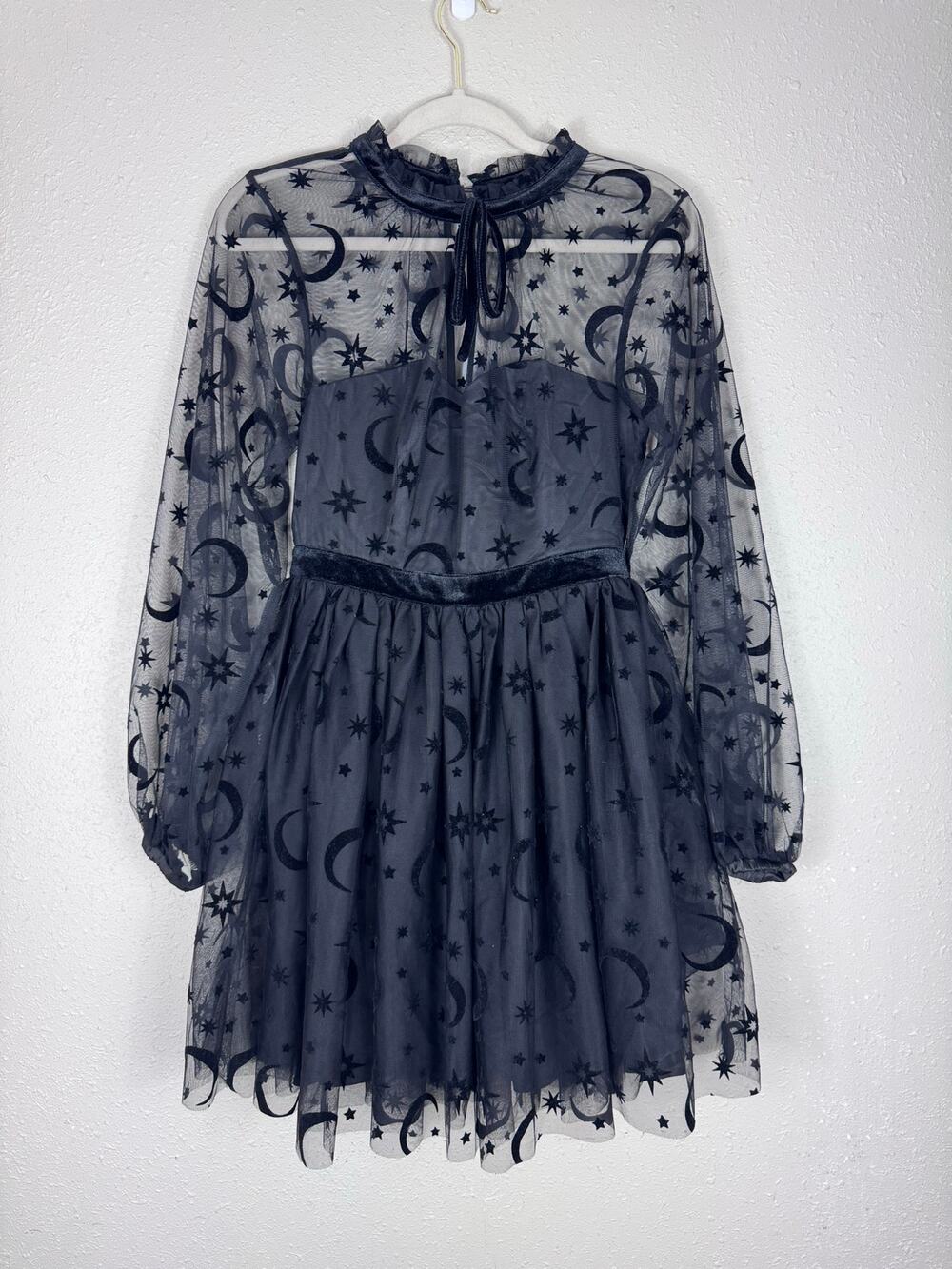 Unique Vintage Black Flocked Moon & Stars Flare Dress Size Small/4